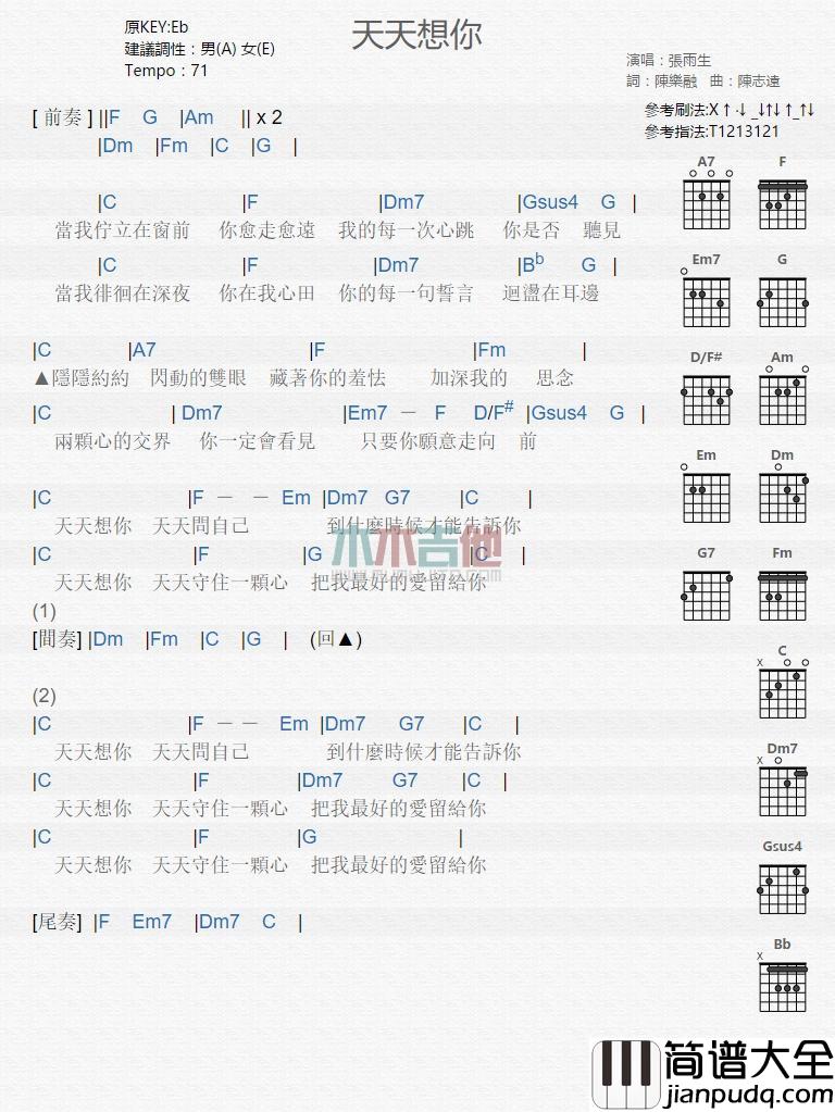 天天想你_吉他谱_张雨生