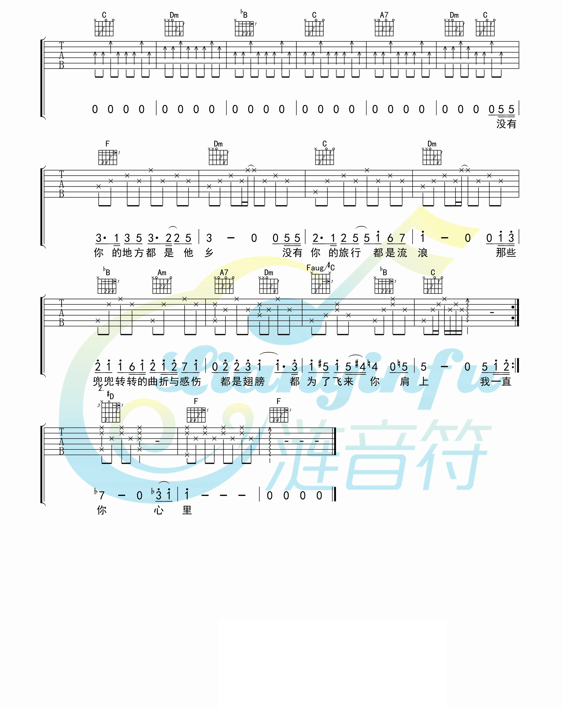 _你在终点等我_吉他谱_王菲_F调弹唱六线谱_高清图片谱