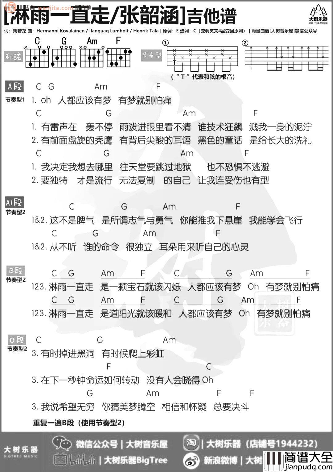 淋雨一直走吉他谱_张韶涵_C调简单原版和弦谱 淋雨一直走吉他谱_张韶涵_C调简单原版和弦谱