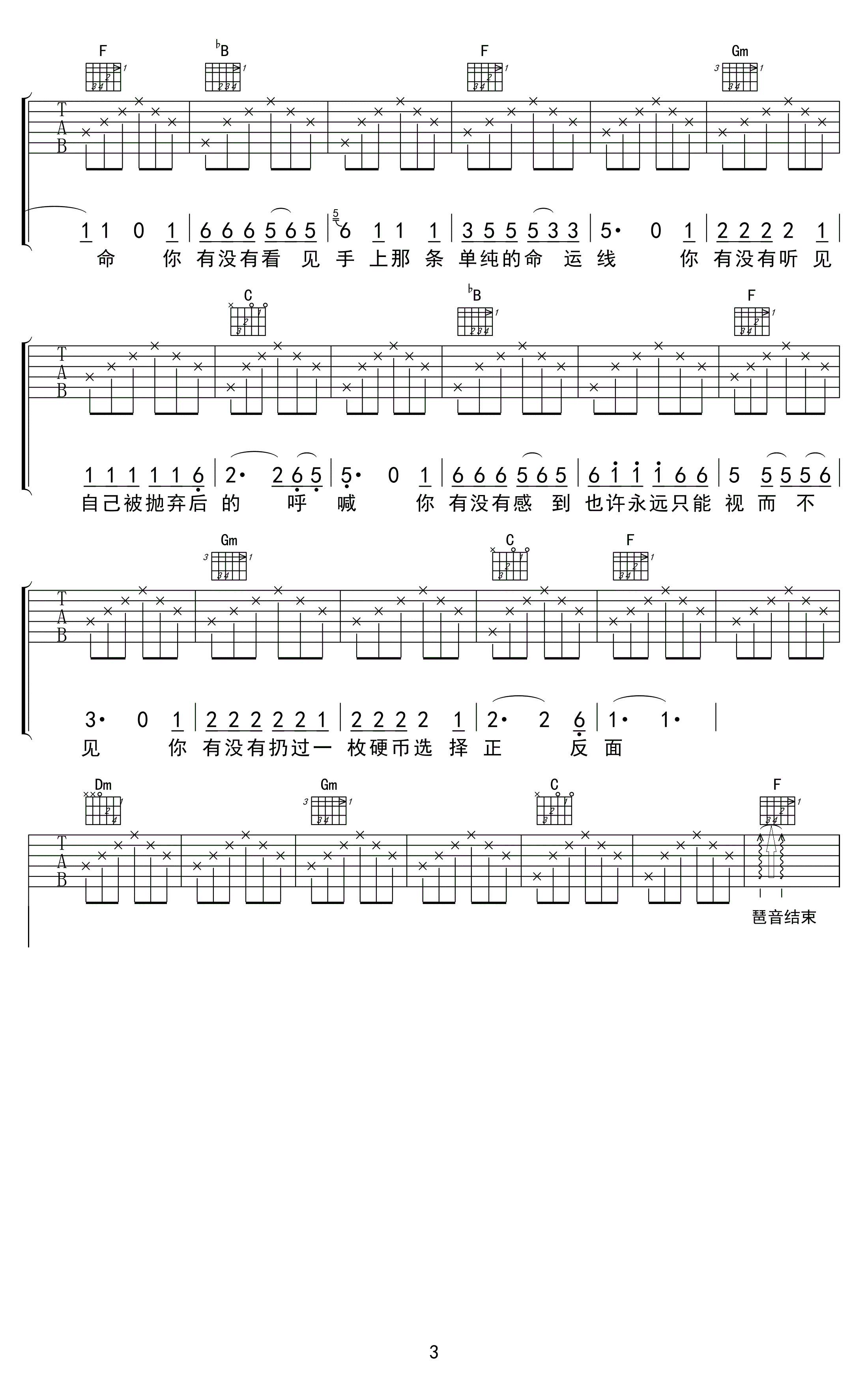 硬币吉他谱_汪峰_完美版_高清六线谱