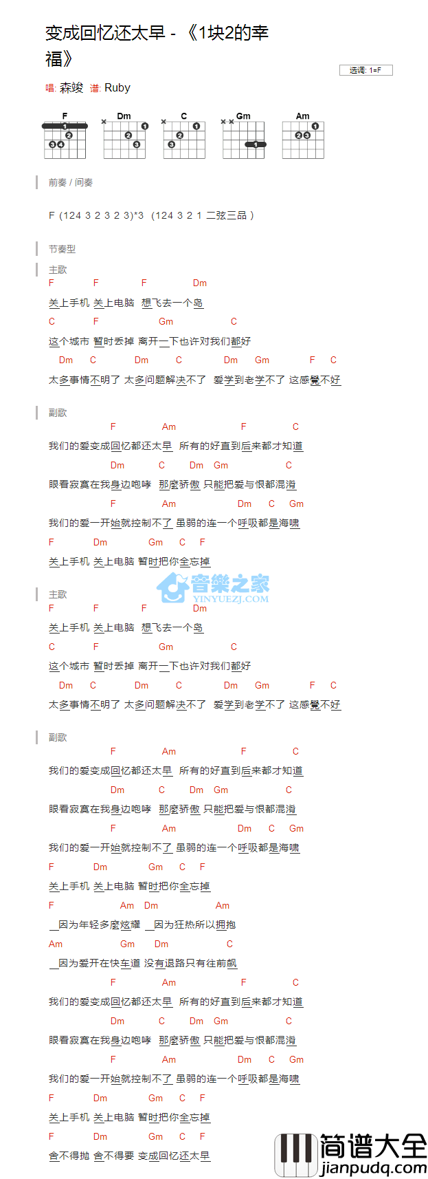 变成回忆还太早_吉他谱_F调版_森骏