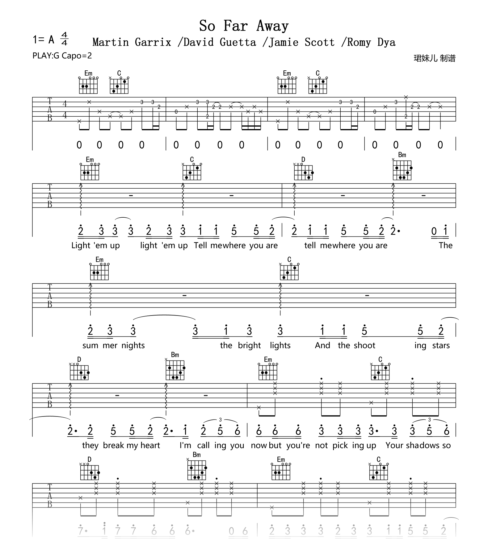 So_Far_Away吉他谱_Martin/David_G调弹唱谱_完整版六线谱