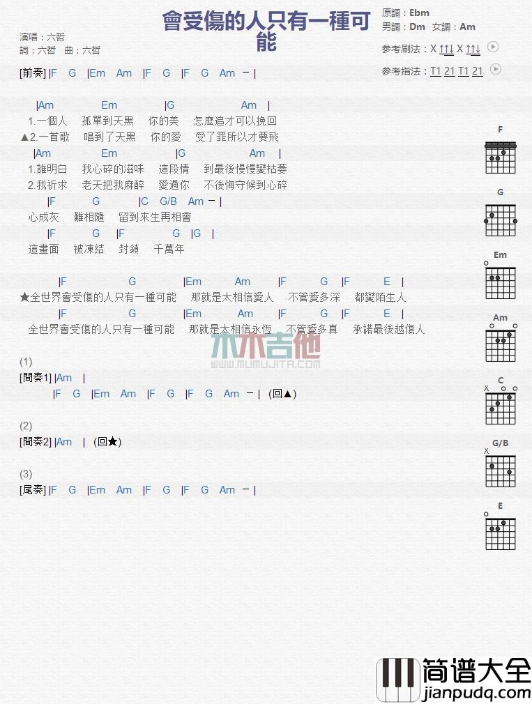 会受伤的人只有一种可能_吉他谱_六哲
