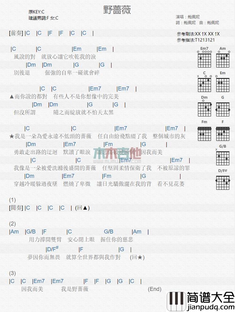 野蔷薇_吉他谱_戴佩妮