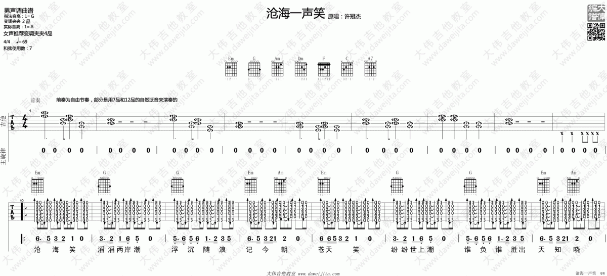 沧海一声笑_G调吉他谱_许冠杰