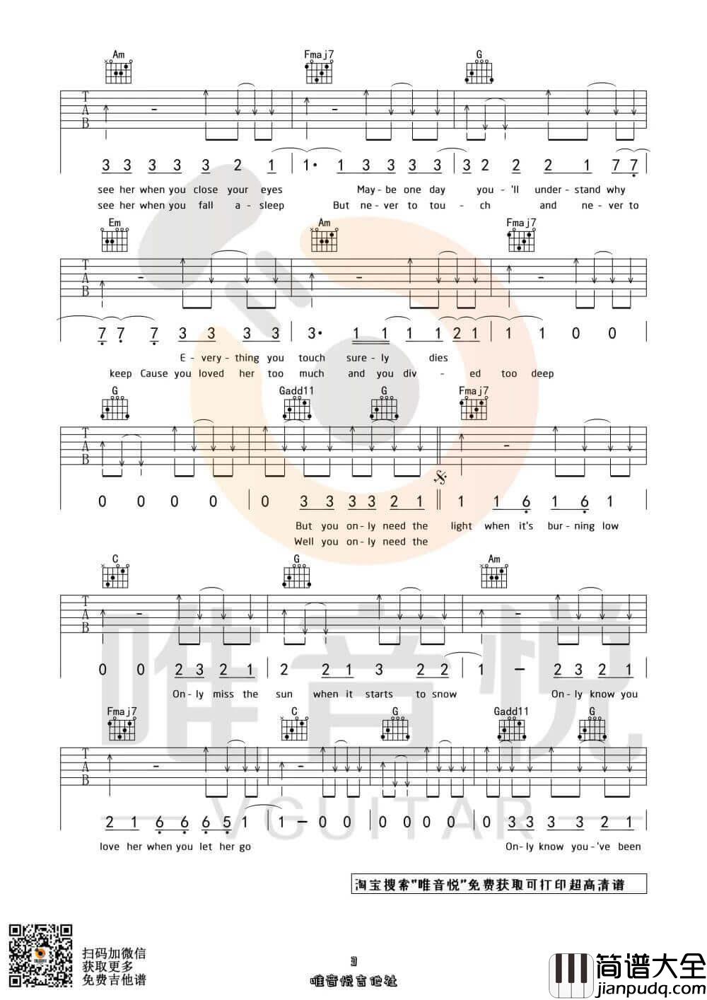 Passenger_let_her_go_吉他谱_吉他弹唱C调六线谱_唯音悦