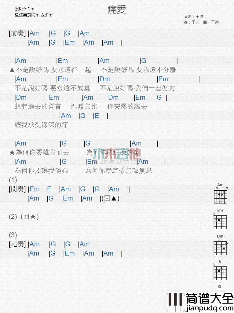 痛爱吉他谱_王迪