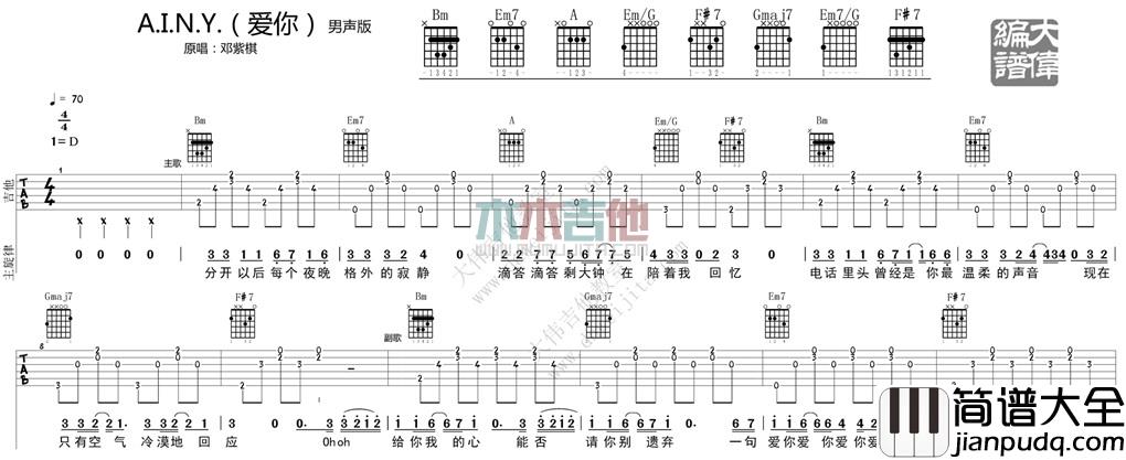 A.I.N.Y.爱你(吉他谱)_D调原版六线谱_大伟吉他_邓紫棋 A.I.N.Y.爱你(吉他谱)_D调原版六线谱_大伟吉他_邓紫棋