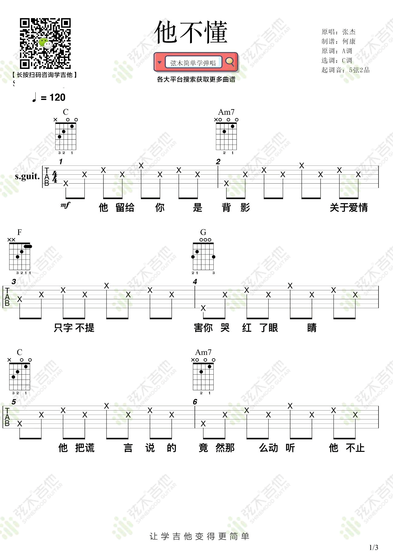 他不懂吉他谱_张杰_C调弹唱谱_图片谱