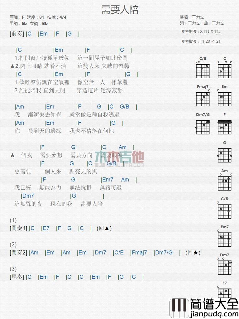 需要人陪_吉他谱_王力宏