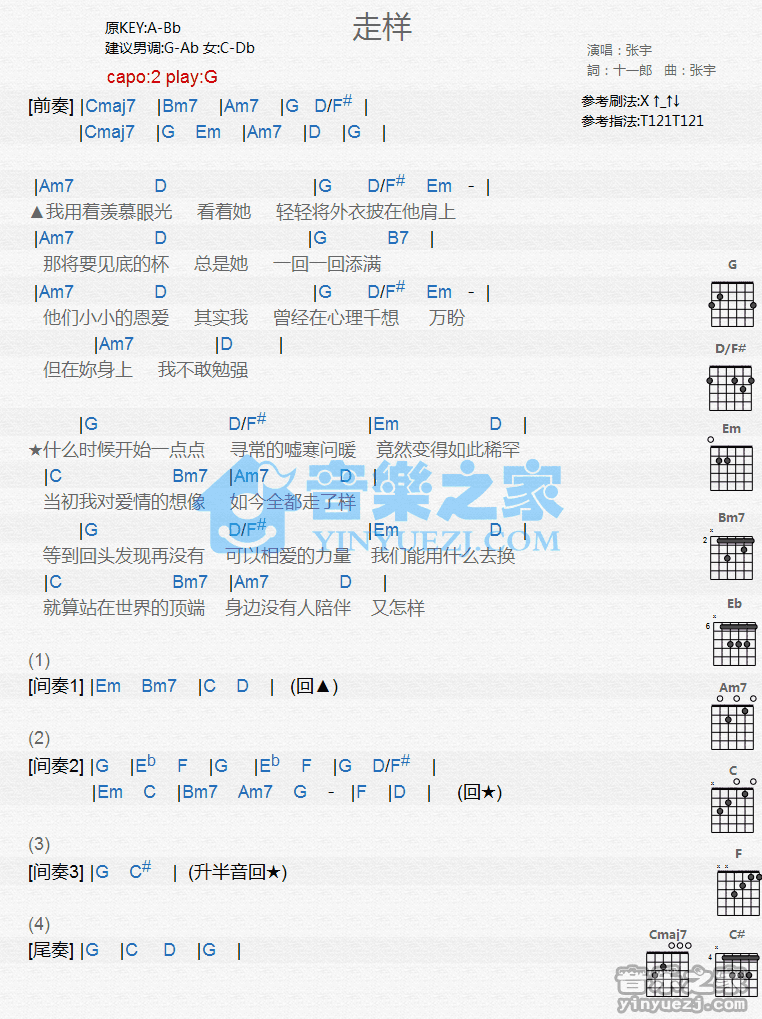 走样吉他谱_C调和弦版_张宇