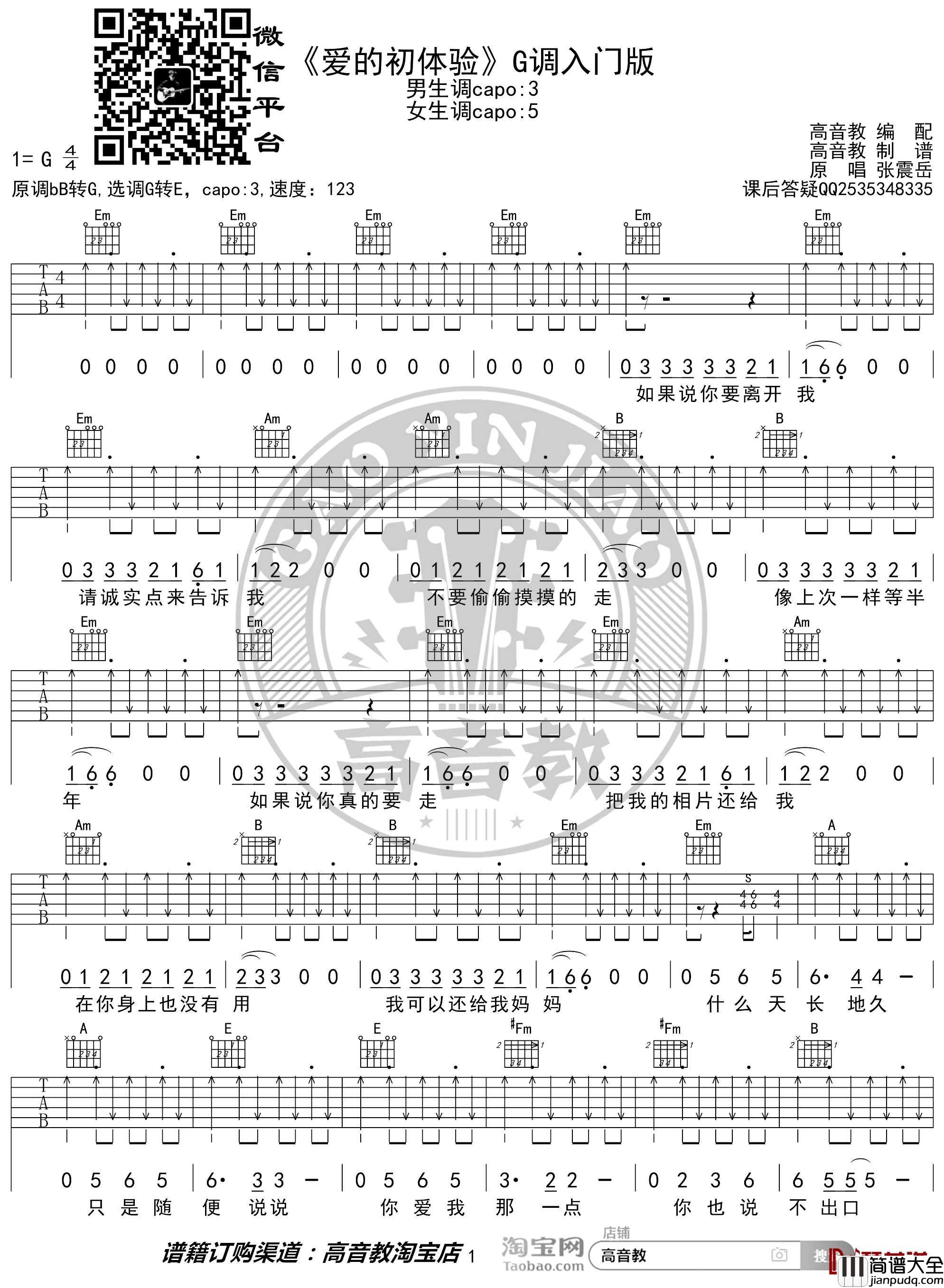 爱的初体验吉他谱_G调入门版_张震岳_高音教编配