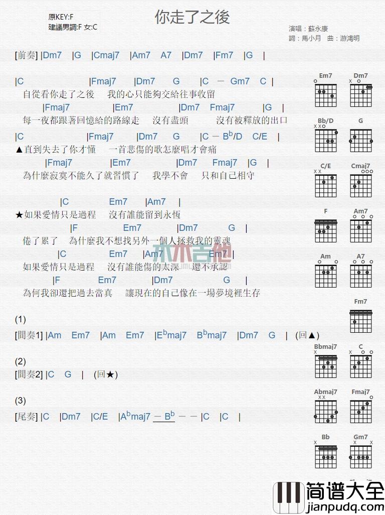你走了之后_吉他谱_苏永康
