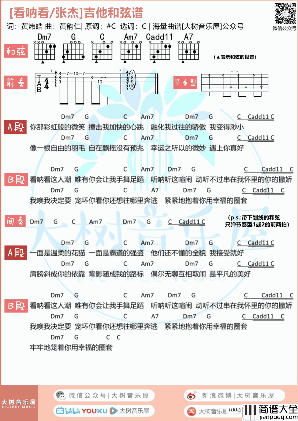 看呐看吉他谱_张杰_C调吉他谱