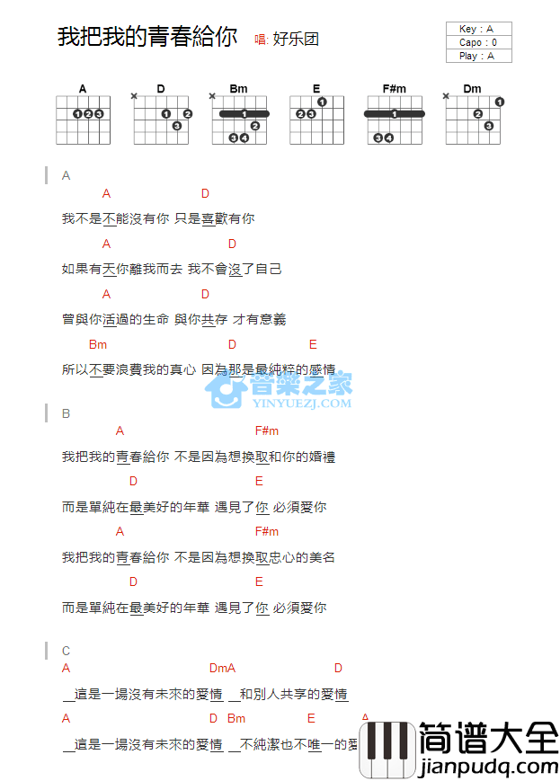 我把我的青春给你_吉他谱_A调版_好乐团
