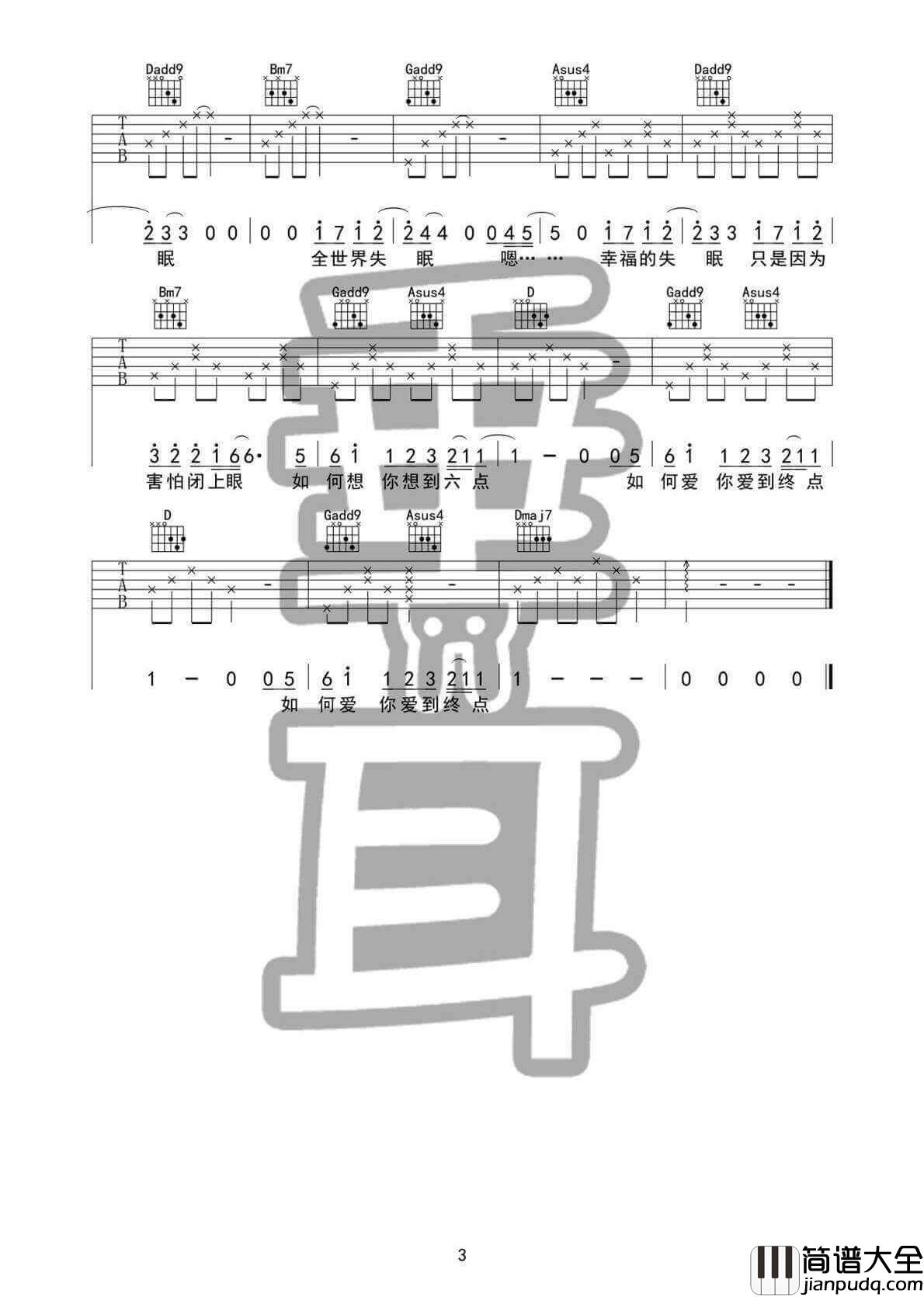 全世界失眠吉他谱_D_调陈奕迅