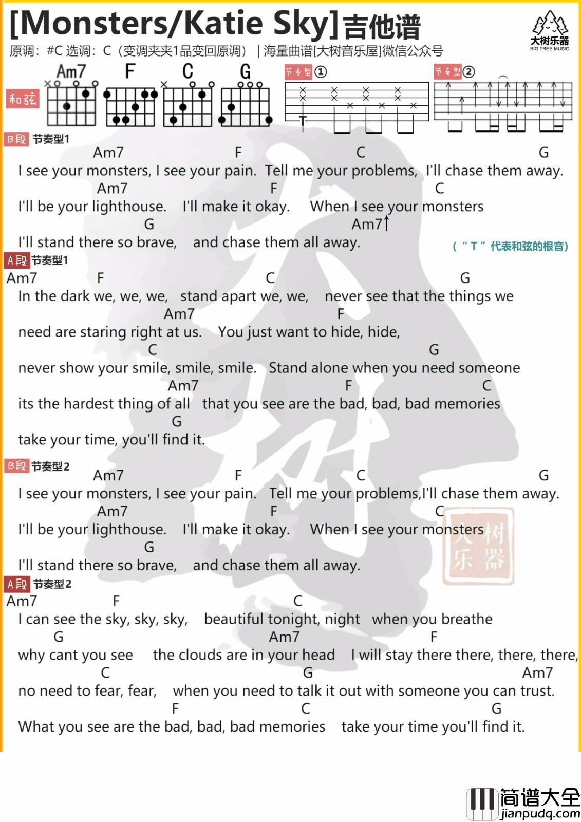Monsters吉他谱_Katie_Sky__Monsters_C调和弦谱_吉他弹唱教学