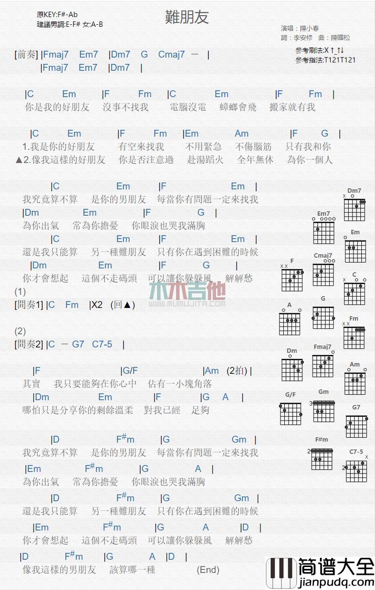 难朋友_吉他谱_陈小春