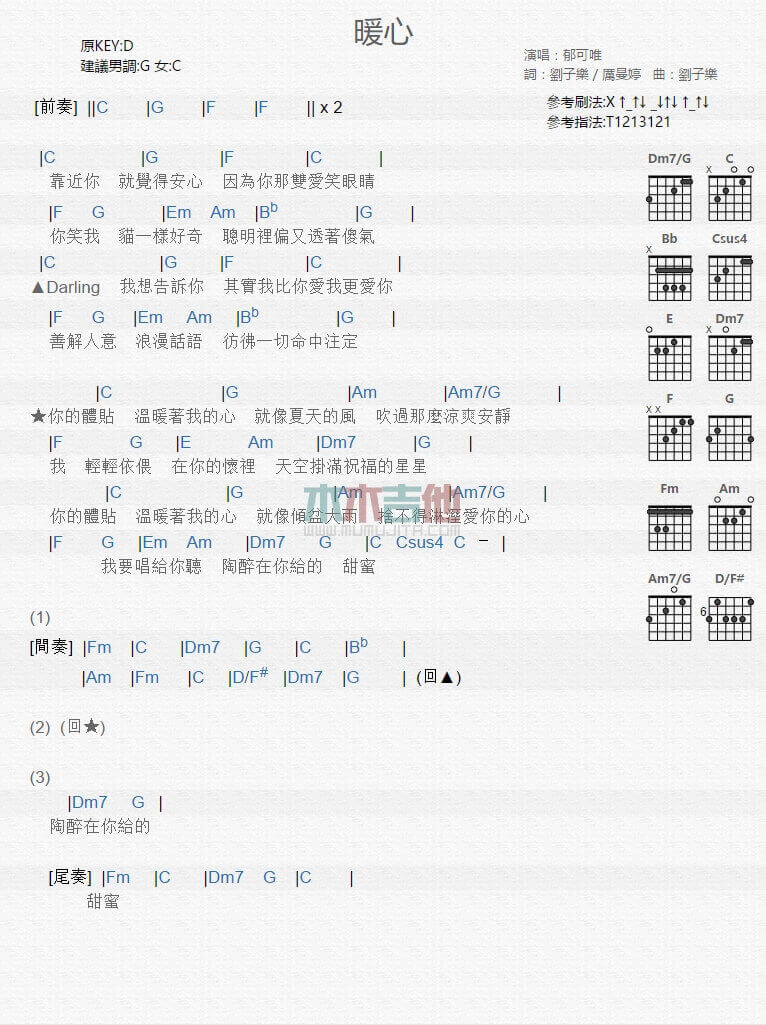 暖心吉他谱_C调和弦谱_郁可唯