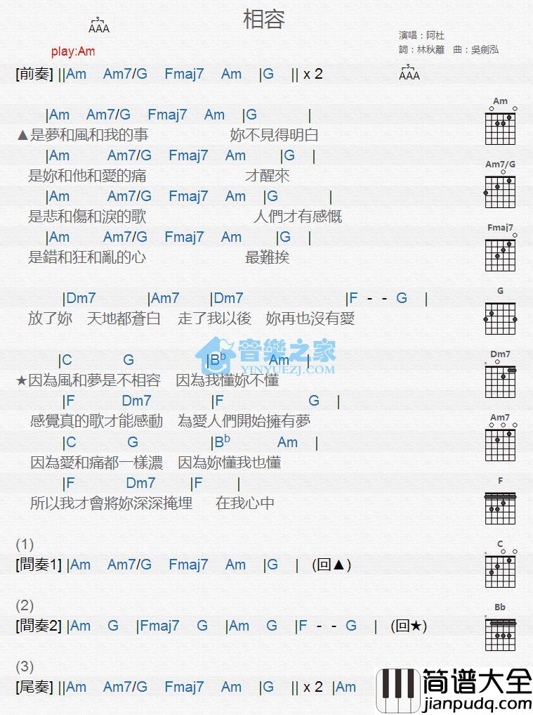 相容吉他谱_Am调版_阿杜