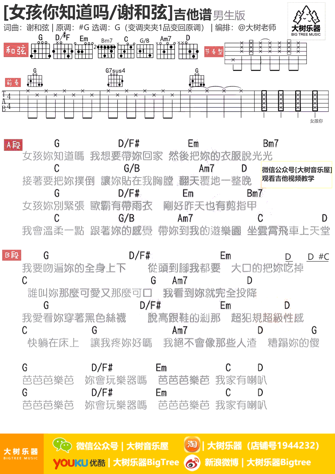 女孩你知道吗吉他谱_谢和弦_G调弹唱谱_吉他教学视频