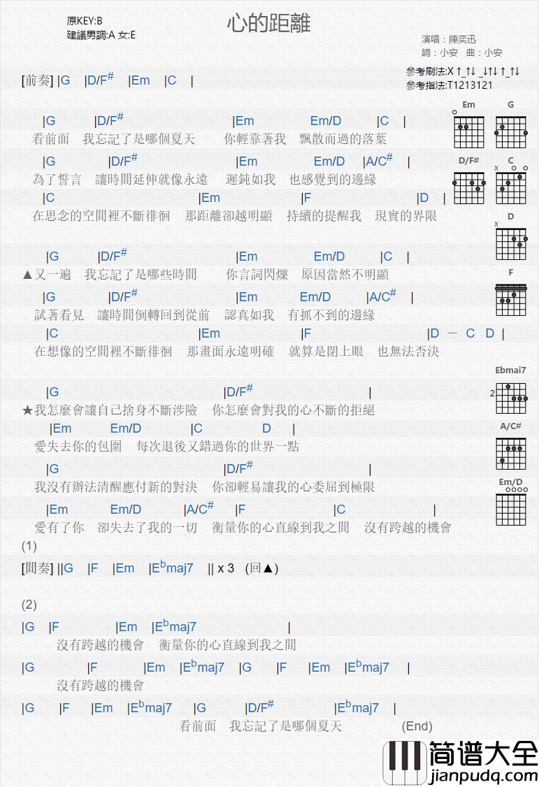 心的距离_吉他谱_陈奕迅