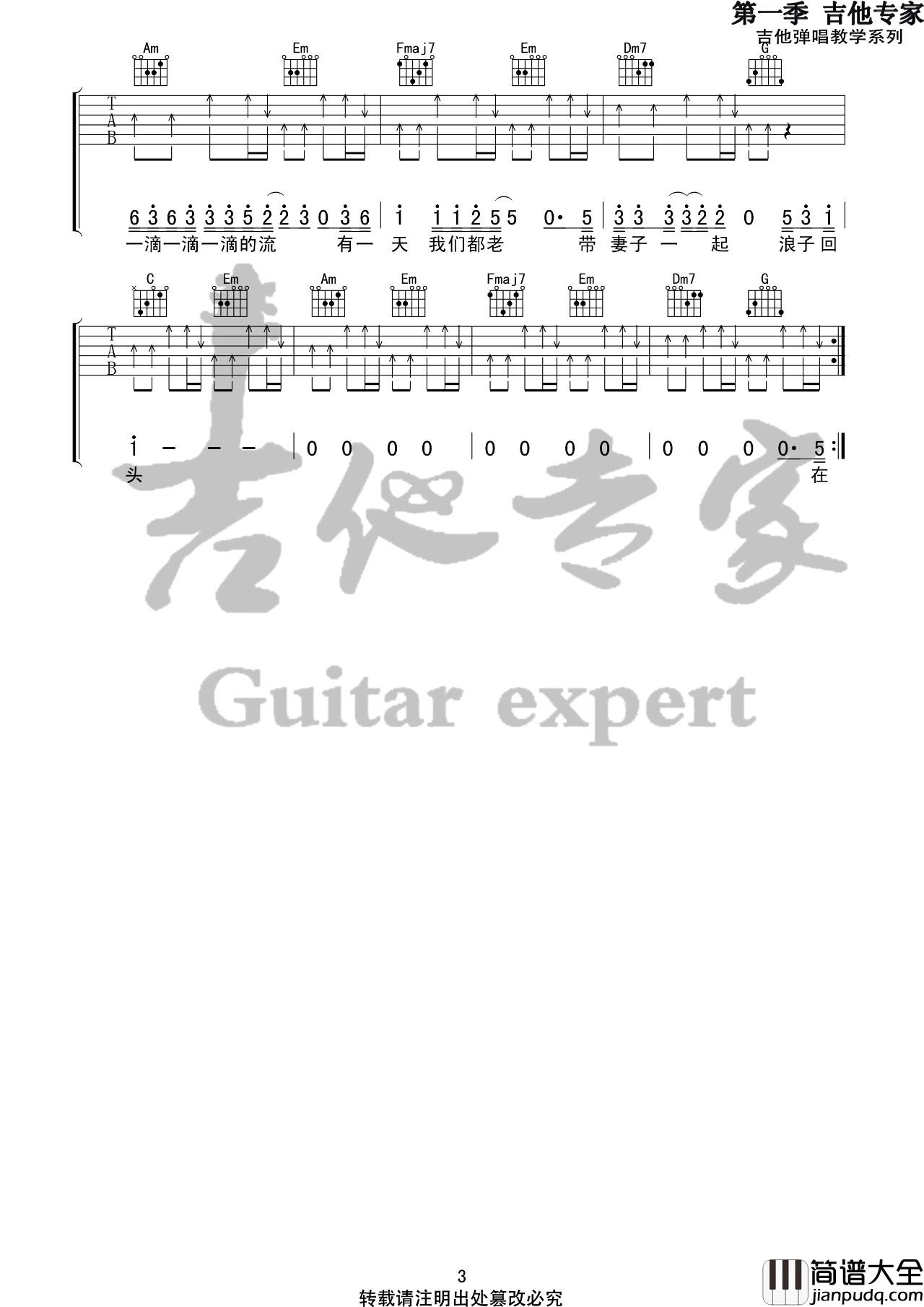 浪子回头吉他谱_C调六线谱_音艺吉他编配_茄子蛋