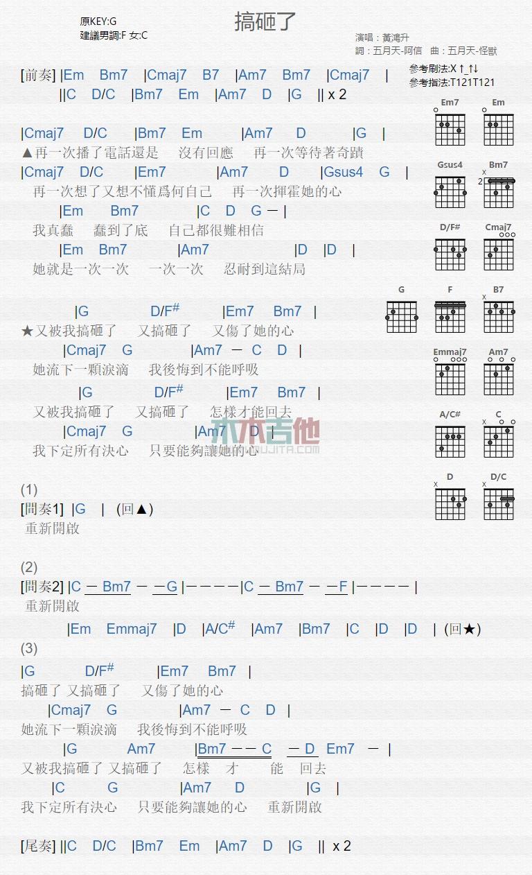 搞砸了_吉他谱_黄鸿升(小鬼)