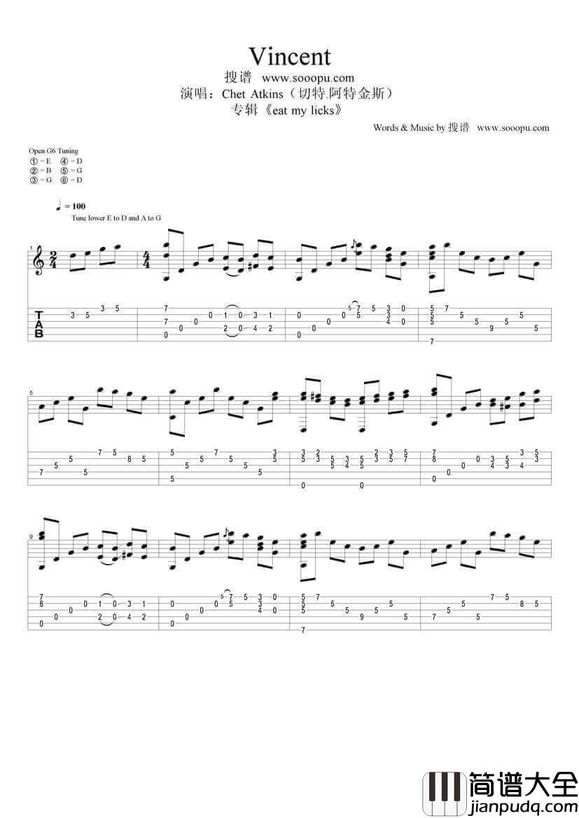 vincent指弹谱_原调六线谱_Chet_Atkins