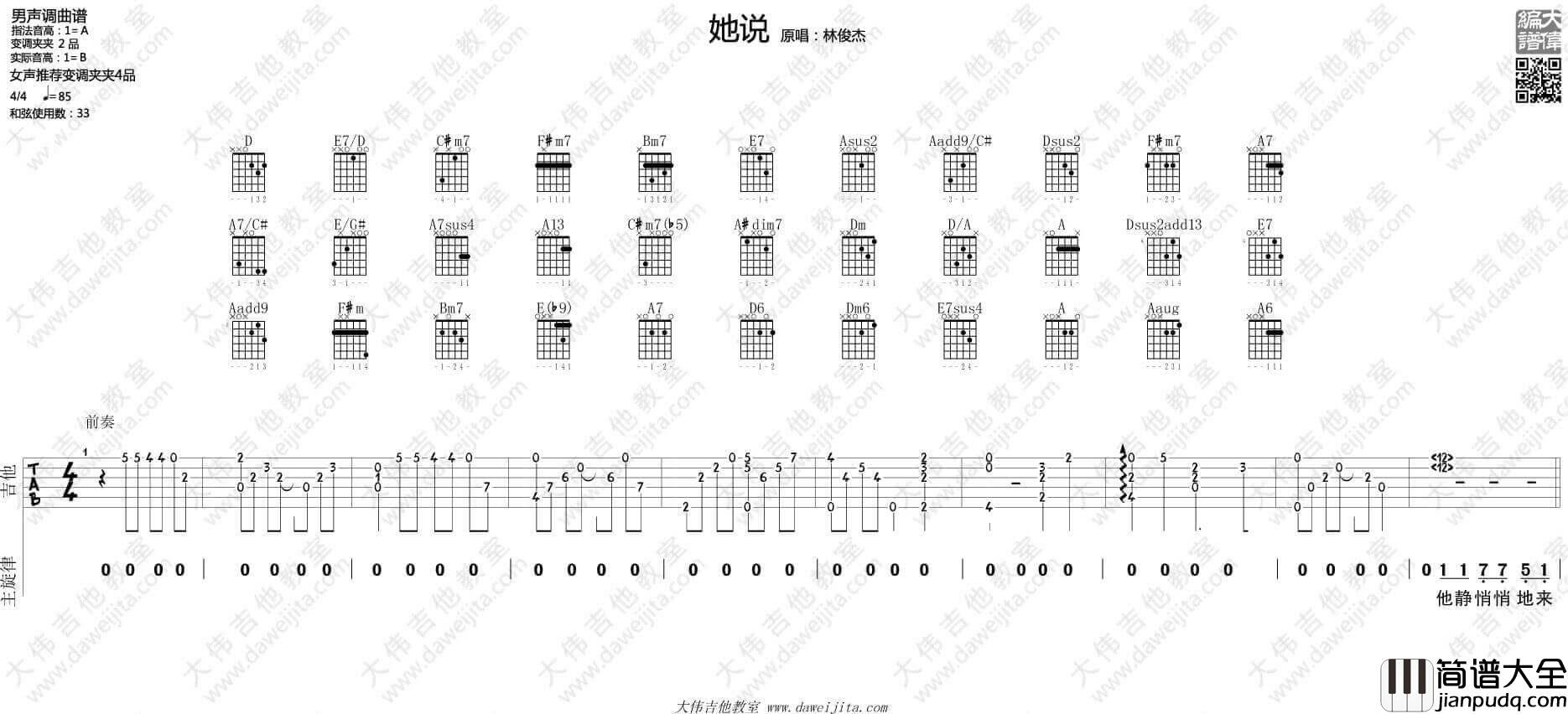 她说吉他谱_A调附视频_林俊杰