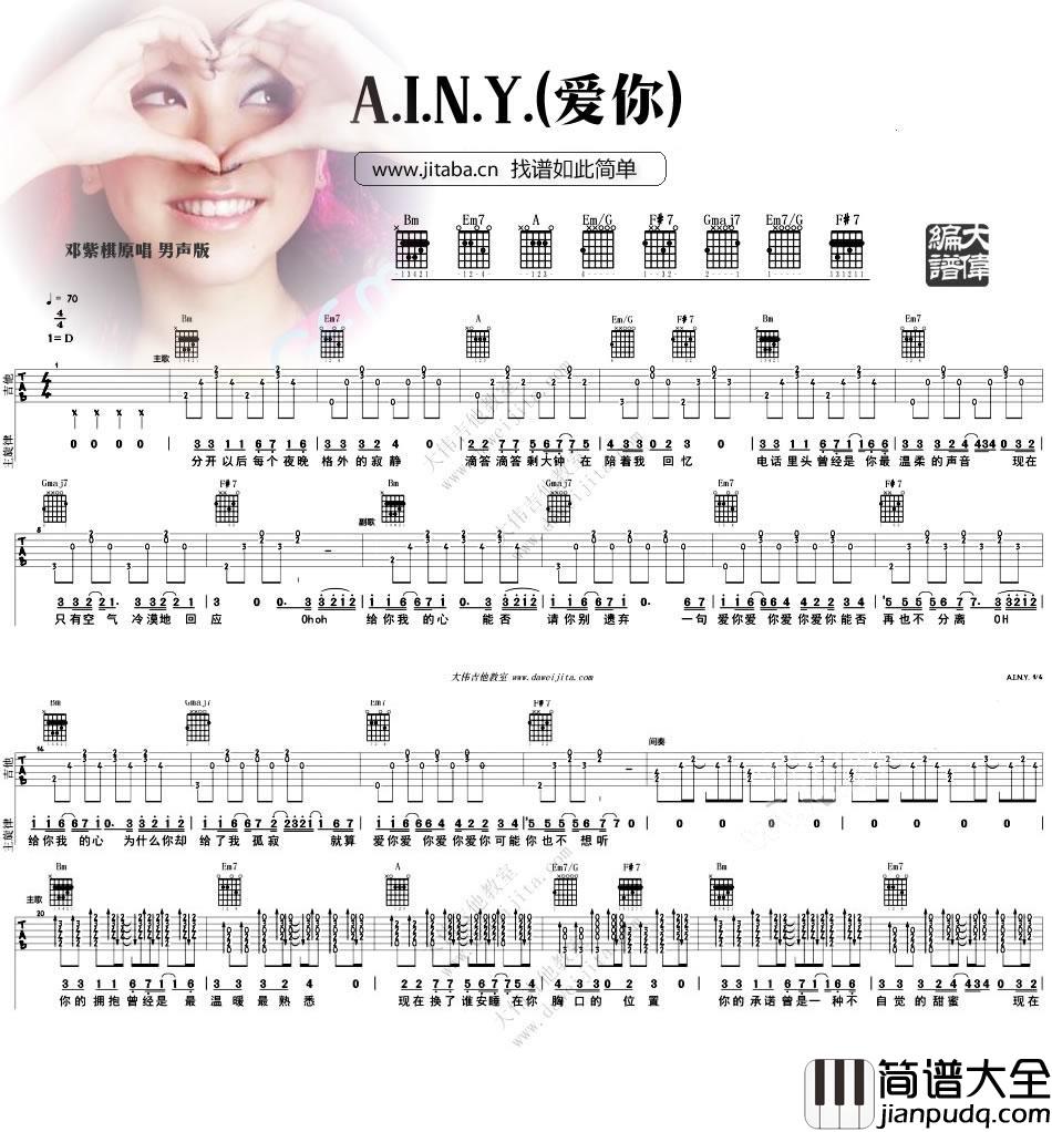 AINY爱你吉他谱_A.I.N.Y六线谱(男声版)_邓紫棋
