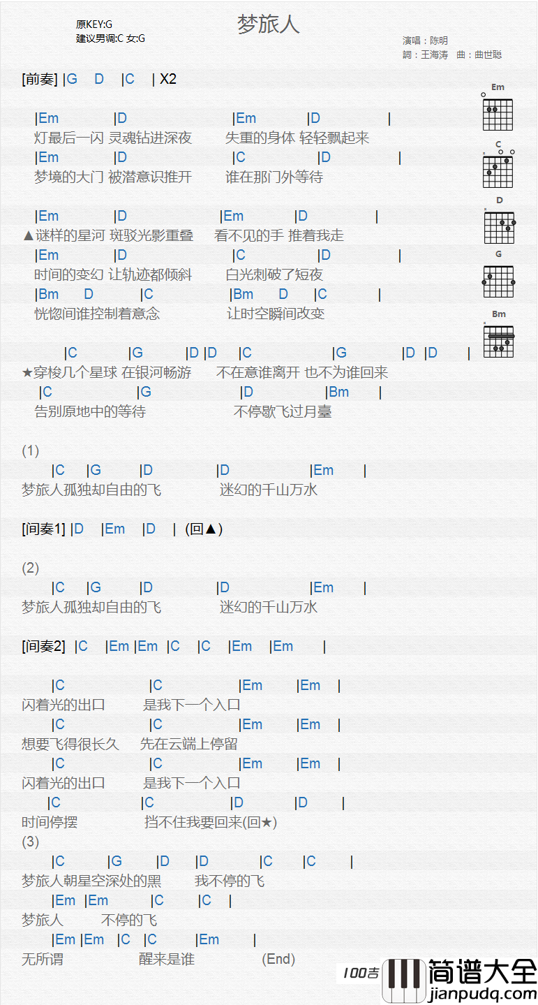 梦旅人吉他谱_陈明_吉他弹唱谱