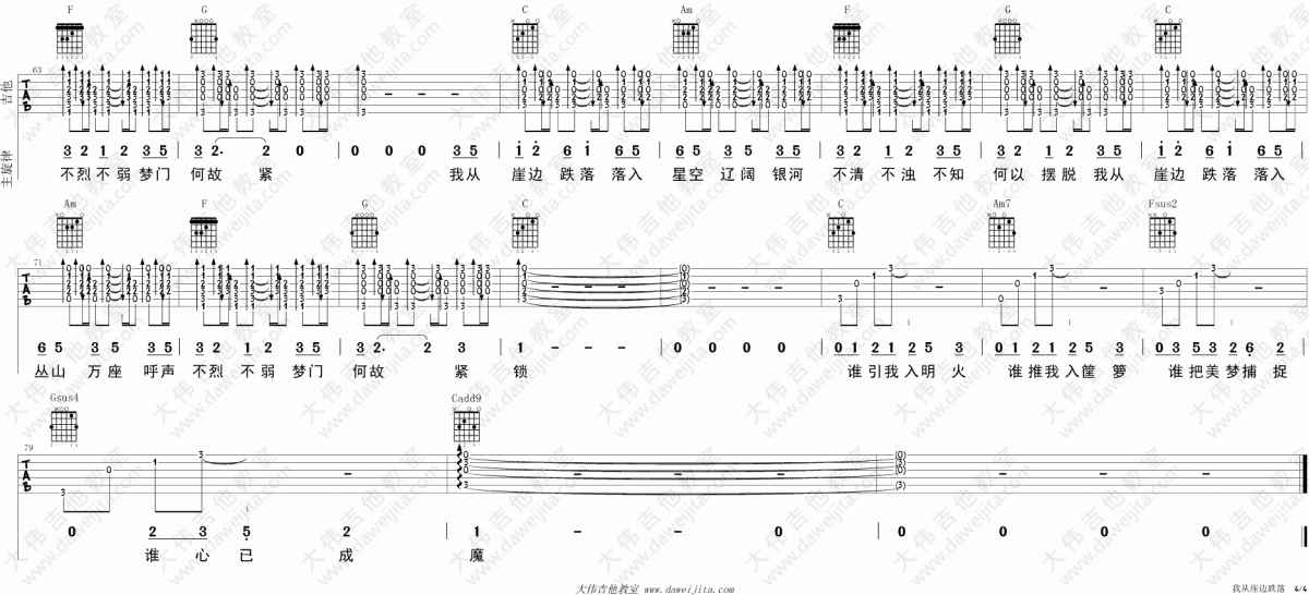 我从崖边跌落_C调吉他谱_谢春花