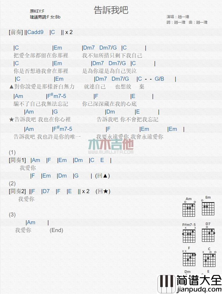 告诉我吧_吉他谱_赵一玮
