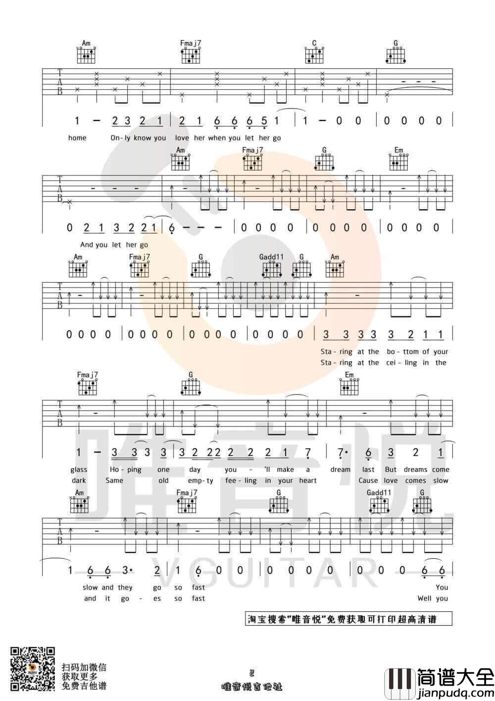 Passenger_let_her_go_吉他谱_吉他弹唱C调六线谱_唯音悦