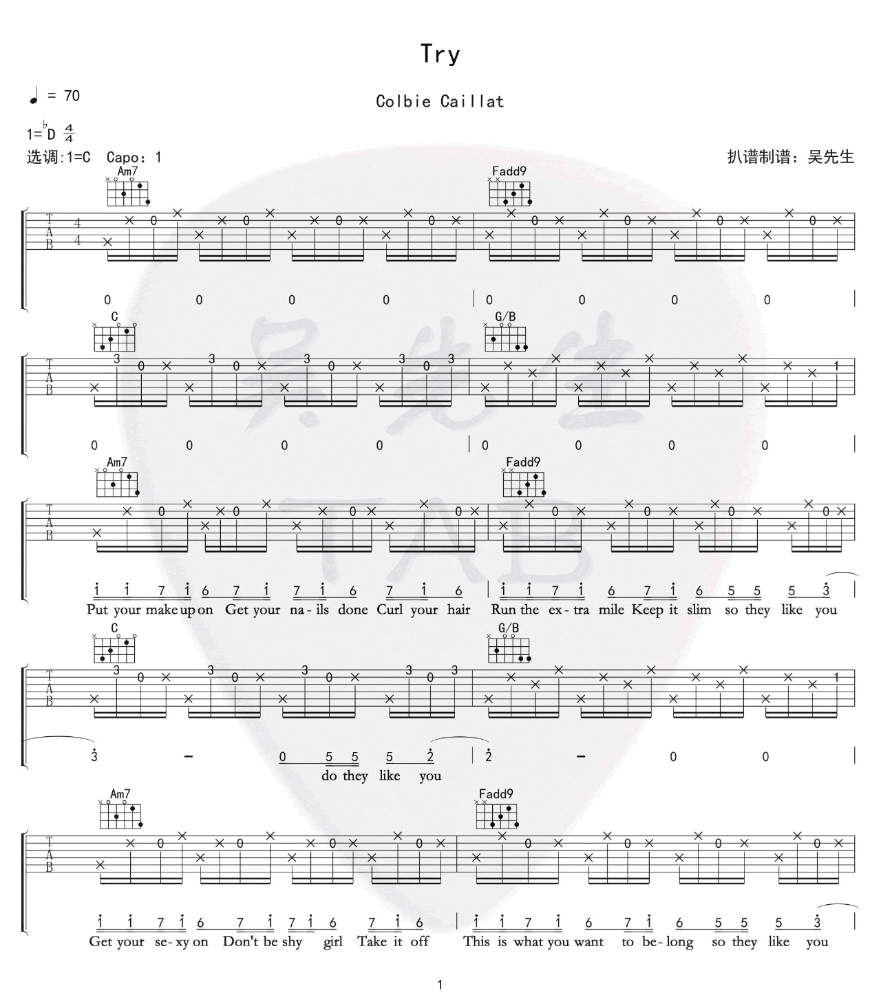 Try吉他谱_Colbie_Caillat__Try_C调原版弹唱谱_高清六线谱