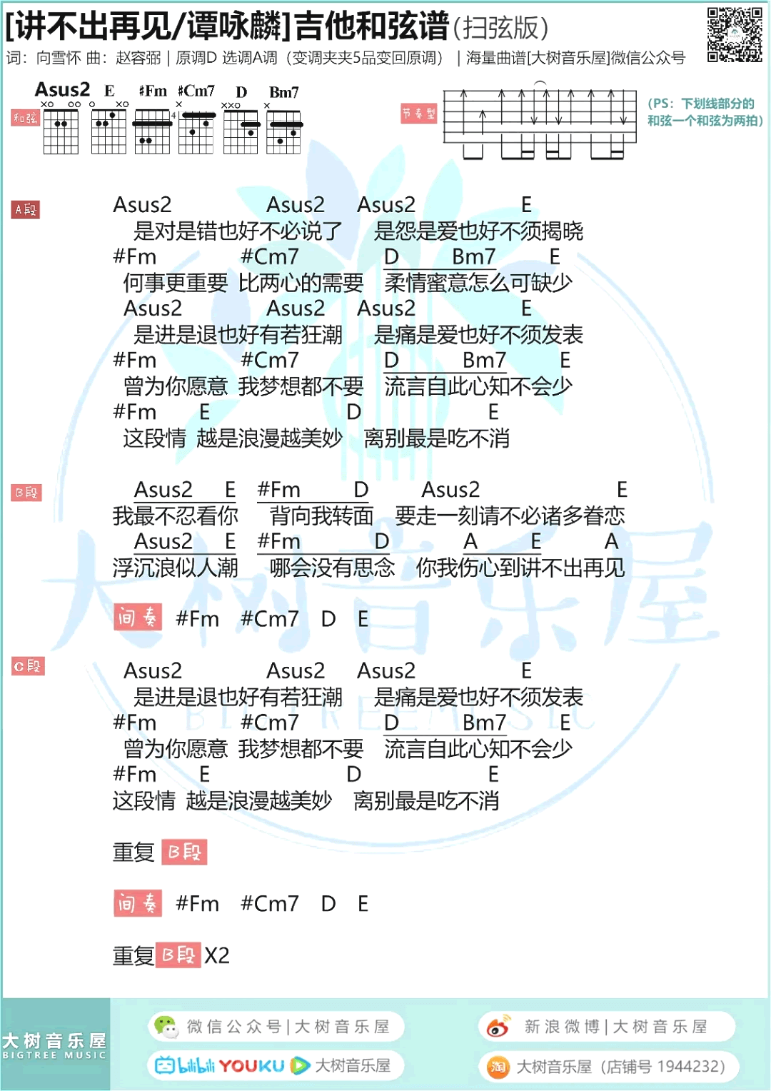 讲不出再见吉他谱_谭咏麟_扫弦版_吉他弹唱演示