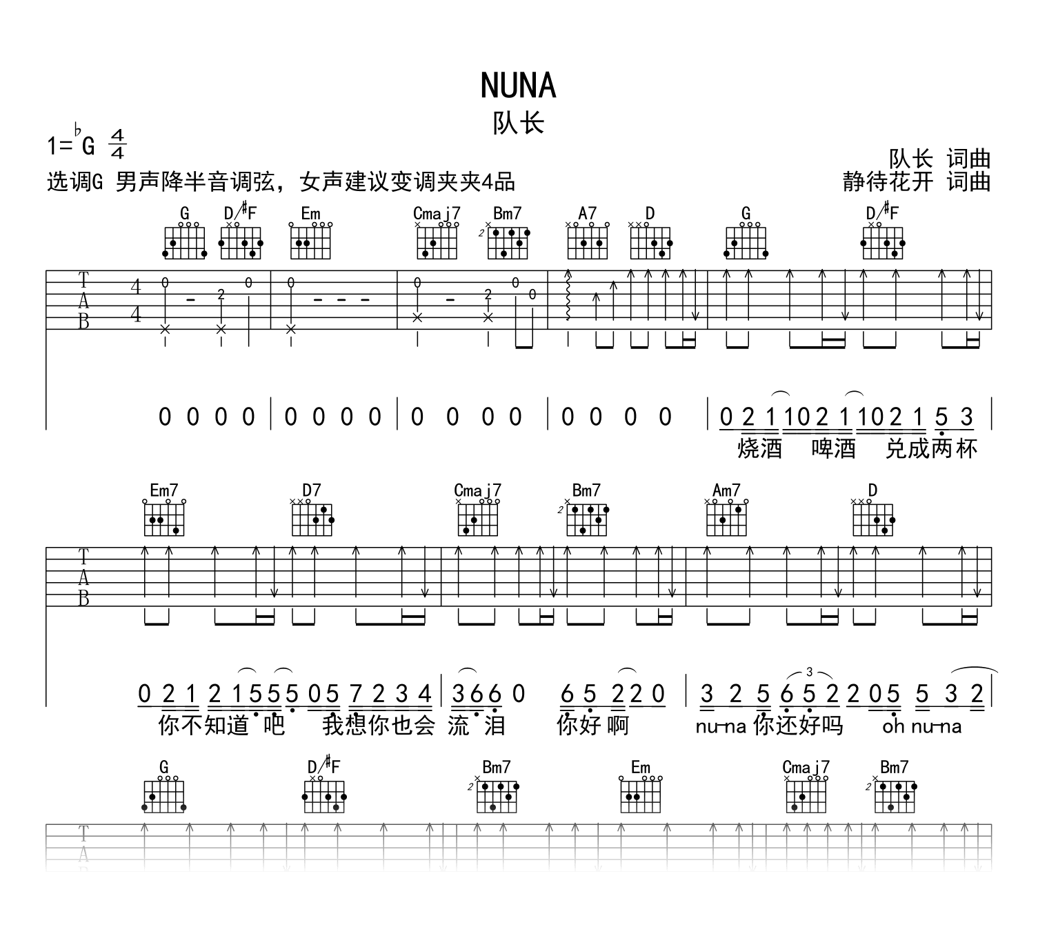 NUNA吉他谱_队长_G调指法__NUNA_弹唱六线谱