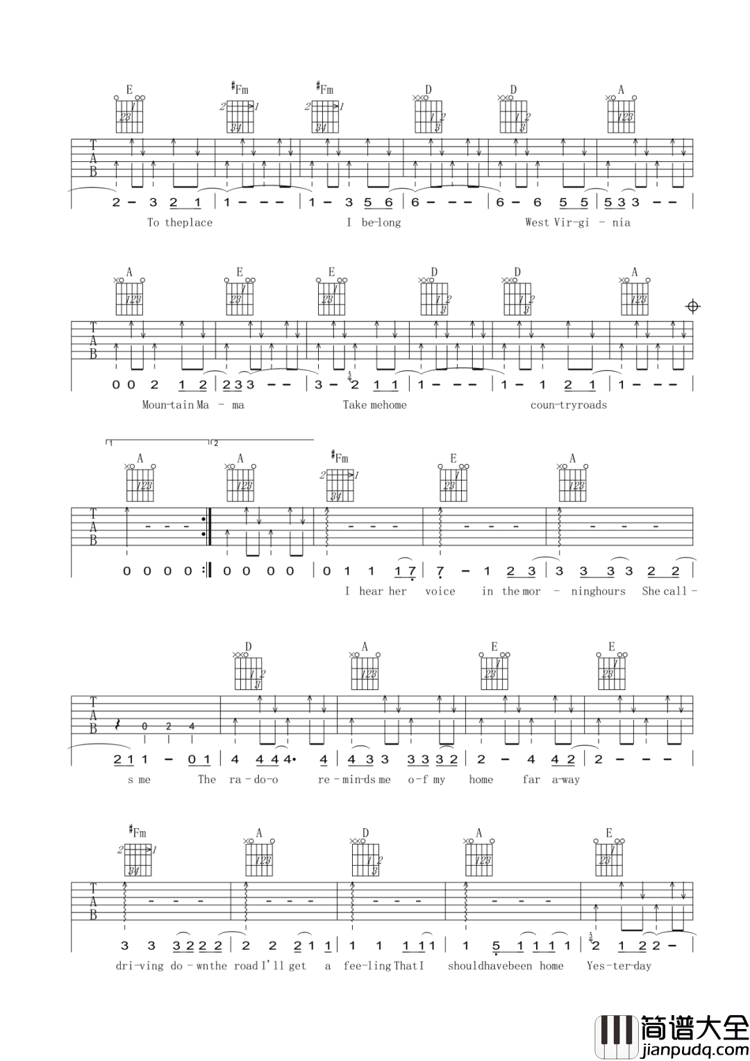 乡村路带我回家 John Denver A调吉他谱 乡村路带我回家_John_Denver_A调吉他谱