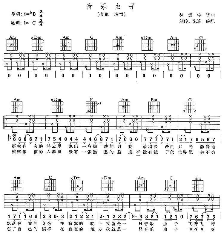 音乐虫子吉他谱_C调六线谱_简单版_老狼