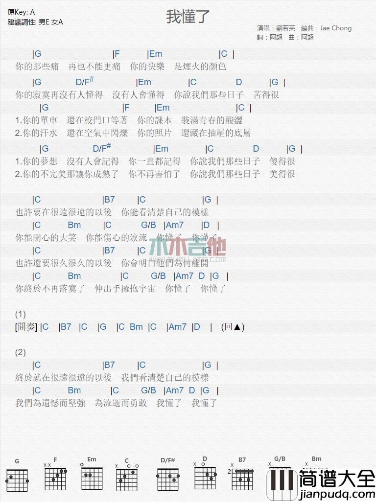 我懂了_吉他谱_刘若英
