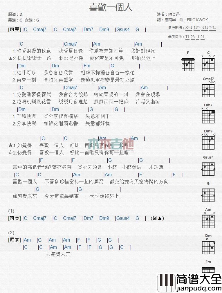 喜欢一个人_吉他谱_陈奕迅