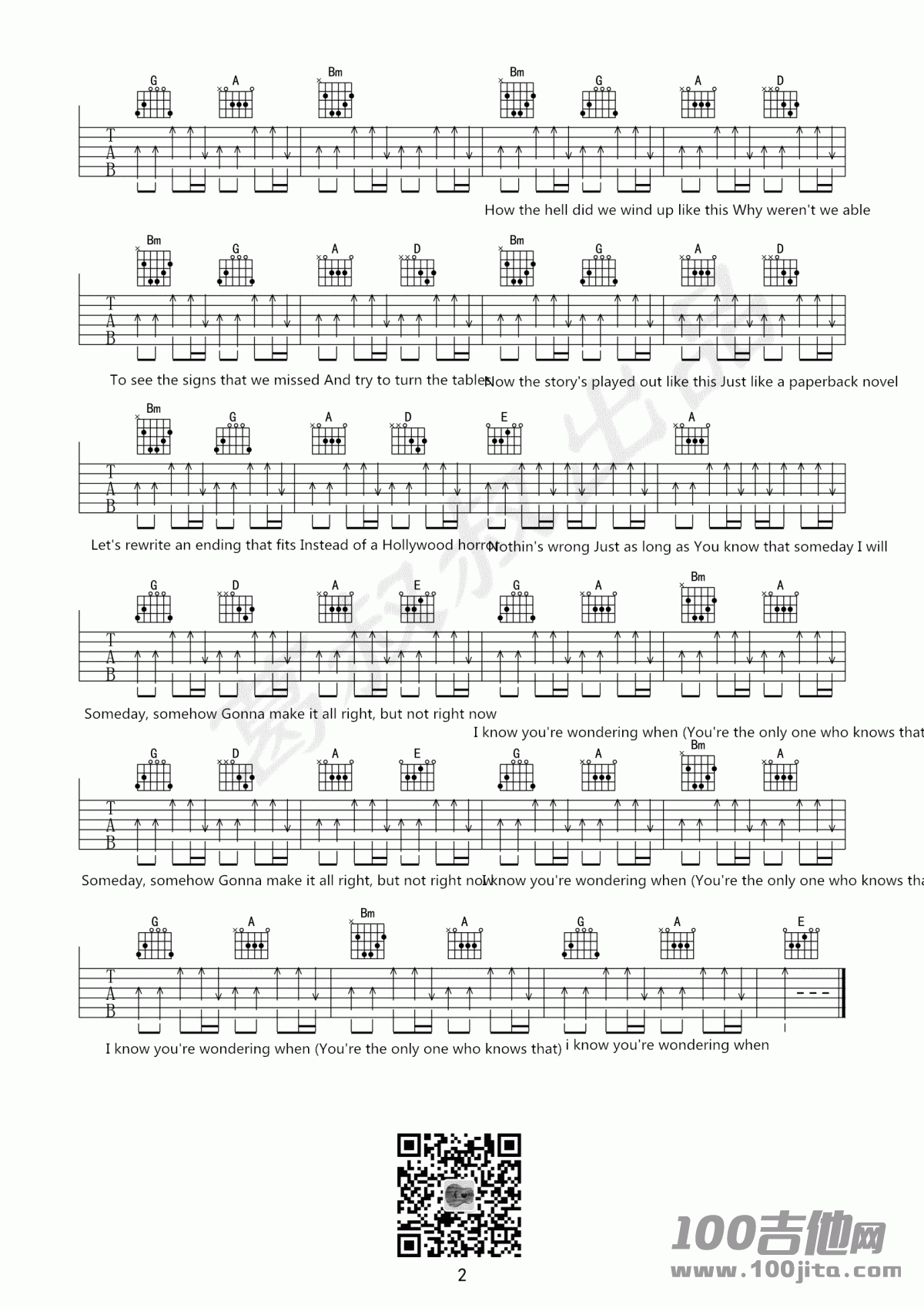 _Someday_吉他谱_Nickelback_D调_吉他伴奏弹唱六线谱
