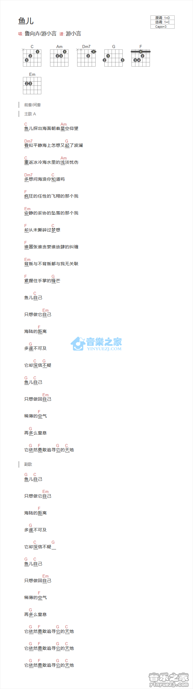 鱼儿吉他谱_C调和弦谱_鲁向卉