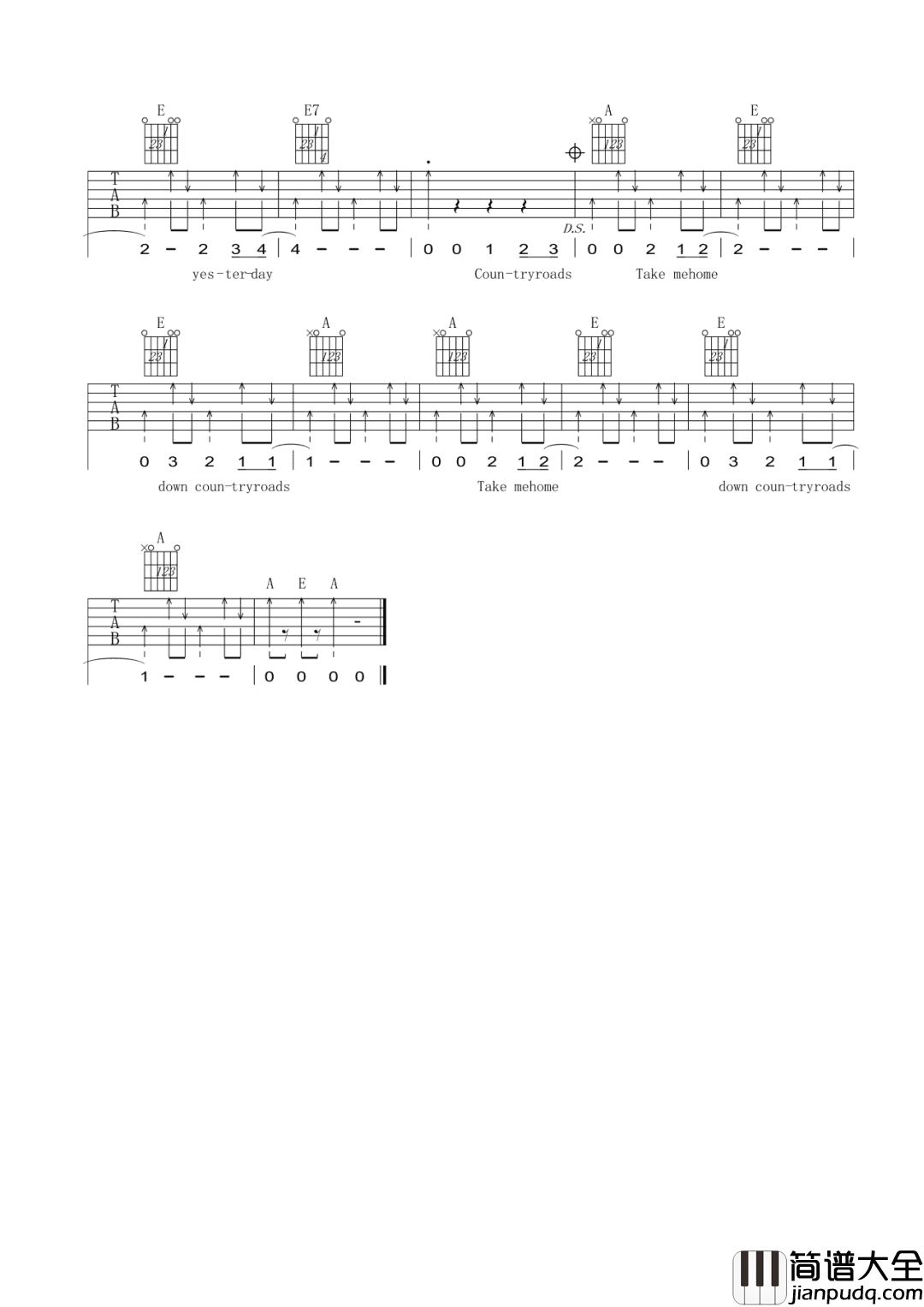 乡村路带我回家 John Denver A调吉他谱 乡村路带我回家_John_Denver_A调吉他谱