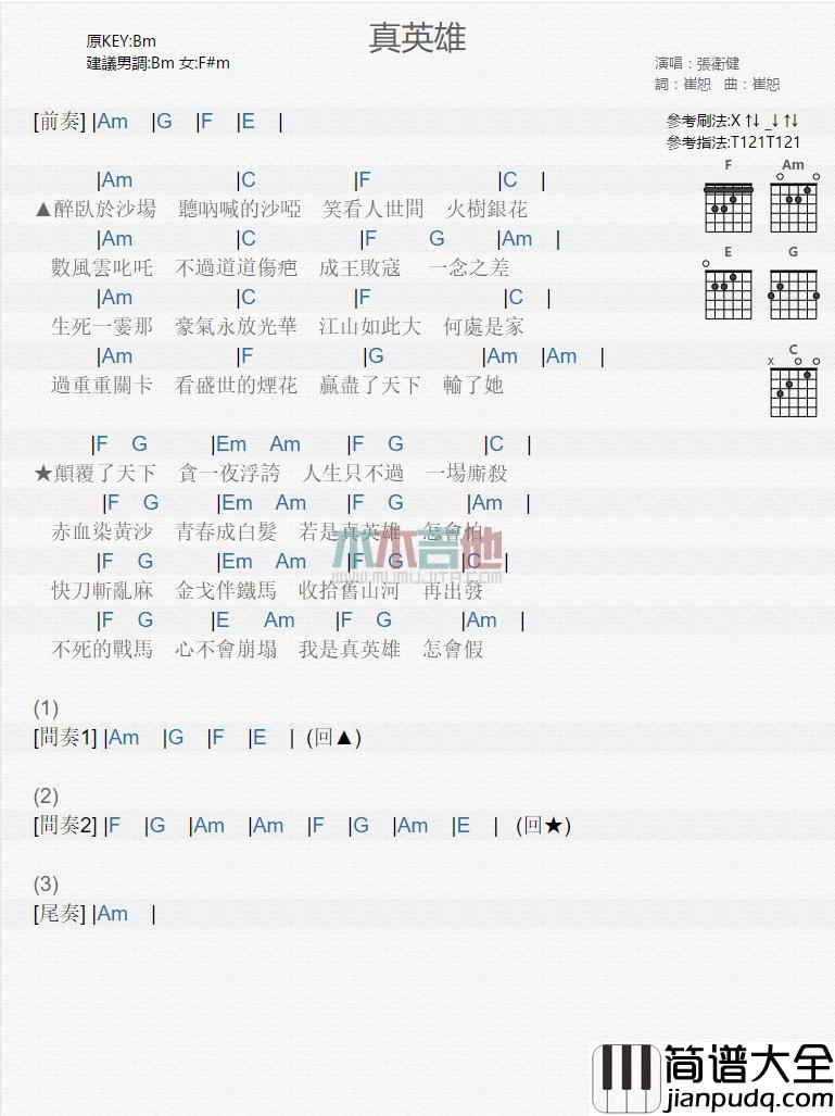 真英雄_吉他谱_张卫健