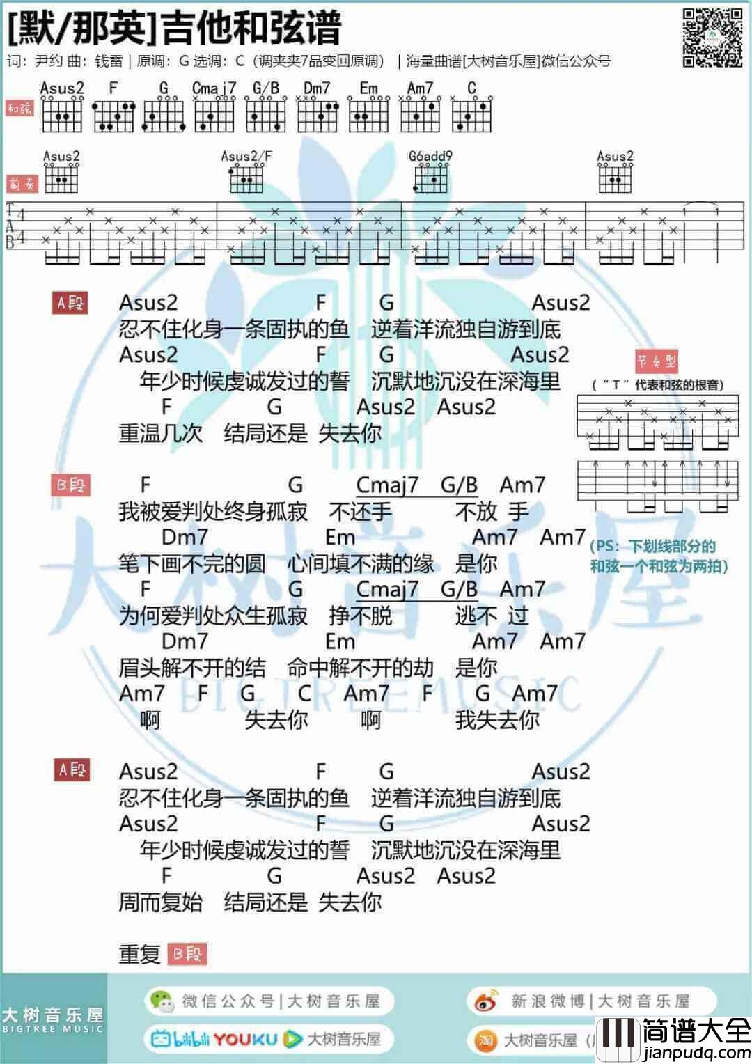 _默_吉他谱_那英_吉他和弦谱/六线谱_C调指法版_大树音乐屋
