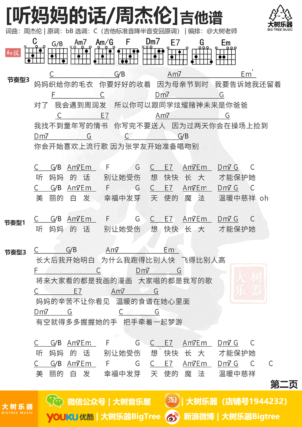 听妈妈的话吉他谱_C调_周杰伦_弹唱演示+教学视频