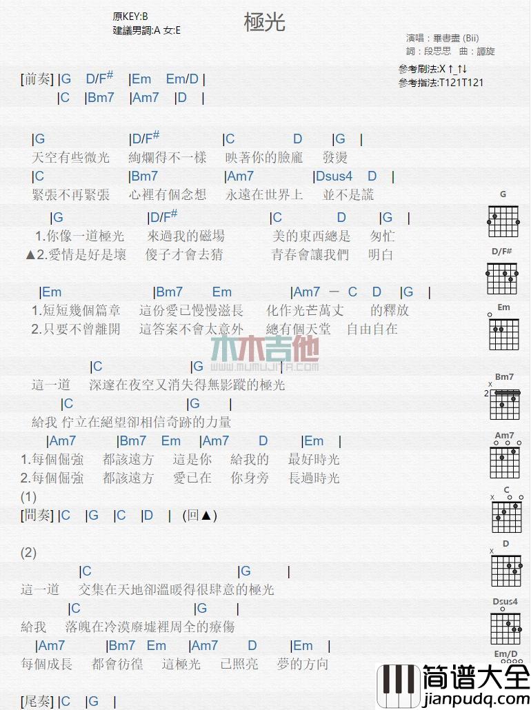 极光吉他谱_毕书尽_吉他伴奏弹唱谱