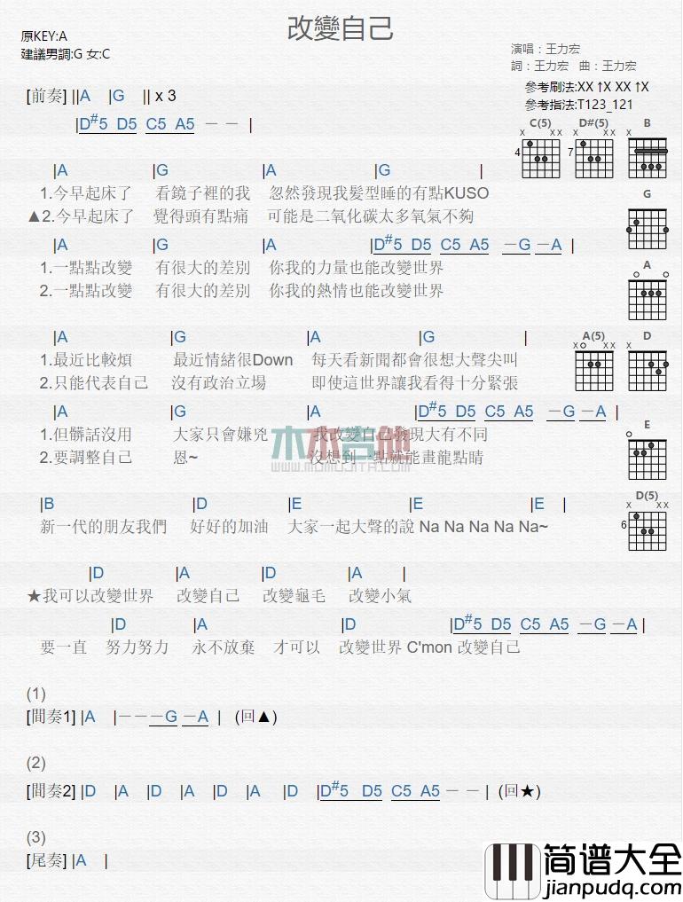 改变自己_吉他谱_王力宏